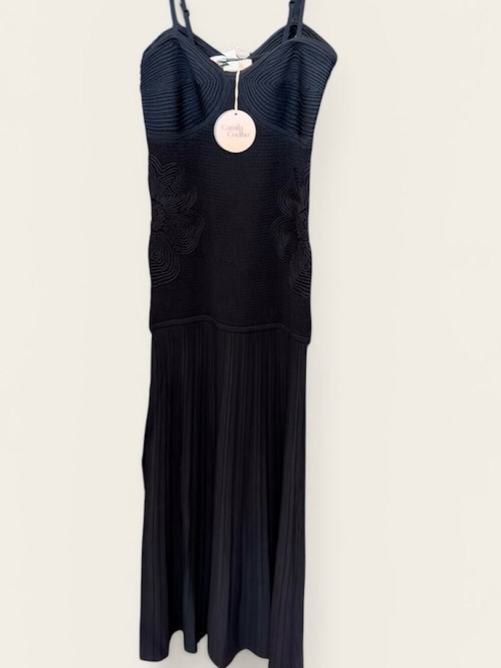 Camila Coelho Black Knit Bodice Pleated Maxi Dress pleated medium removable stra